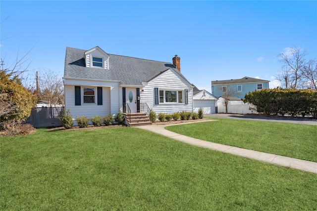 cape cod home featuring a front lawn, a chimney, a shingled roof, and fence