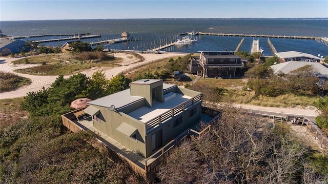 drone / aerial view featuring a water view