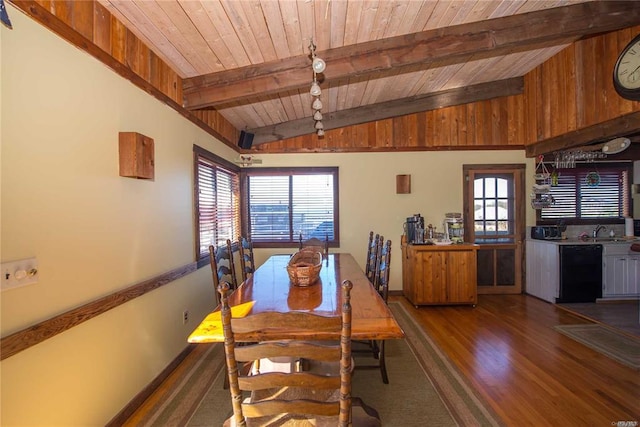 dining space featuring lofted ceiling with beams, wood finished floors, wood ceiling, and baseboards