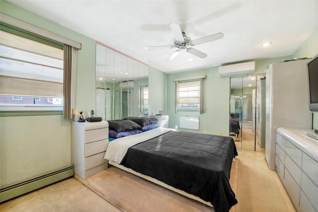 bedroom with a baseboard radiator, a closet, recessed lighting, a ceiling fan, and an AC wall unit