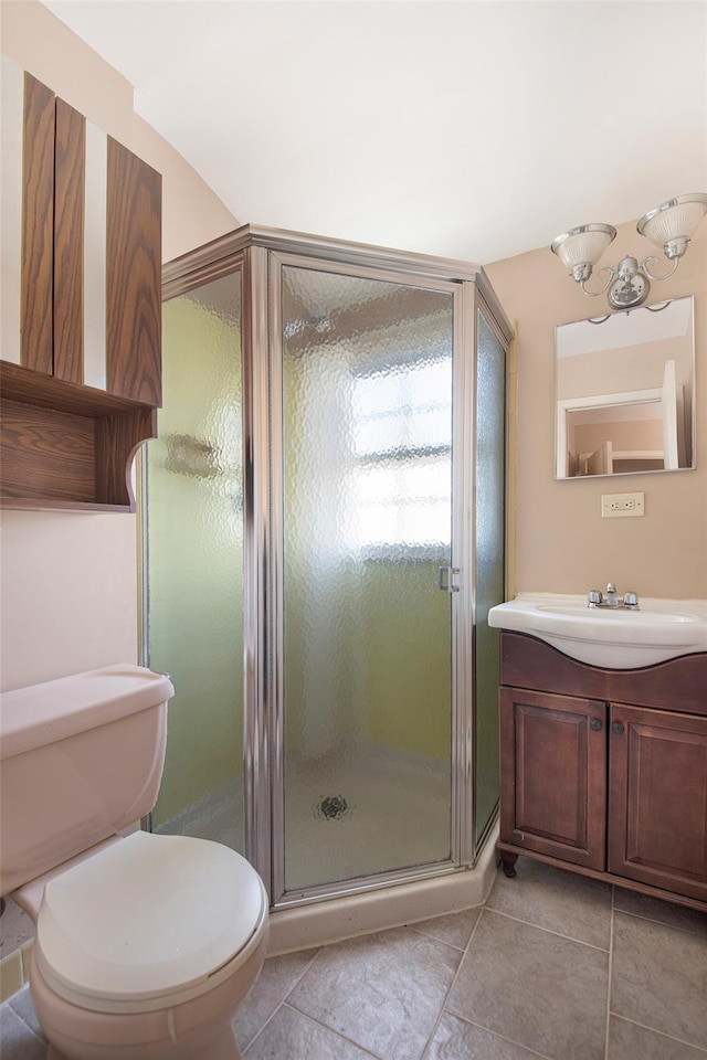 full bath with vanity, a shower stall, toilet, and tile patterned floors