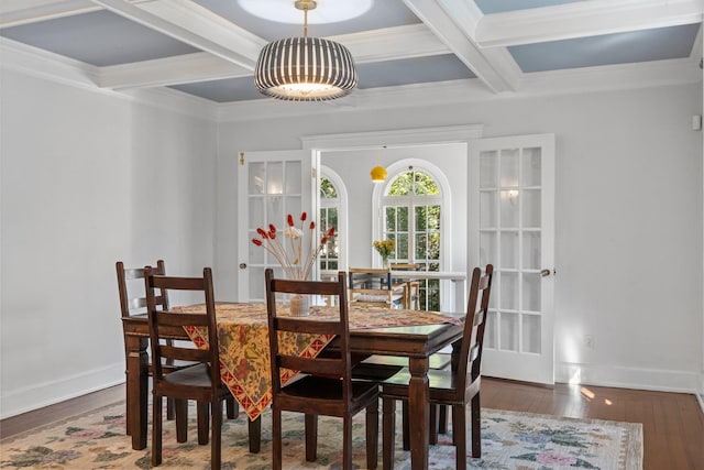 dining space featuring dark wood-style floors, baseboards, coffered ceiling, and beamed ceiling