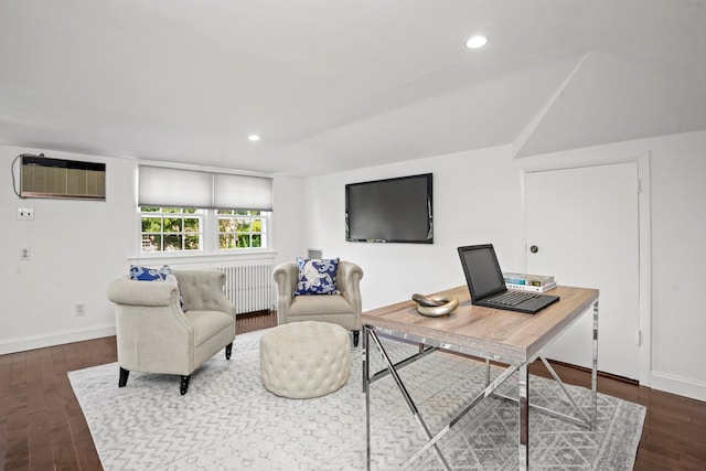 home office with baseboards, radiator heating unit, dark wood-style flooring, an AC wall unit, and recessed lighting