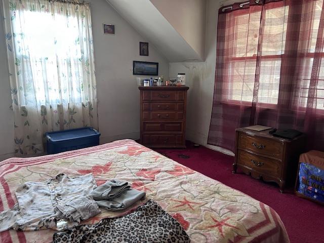 carpeted bedroom featuring lofted ceiling