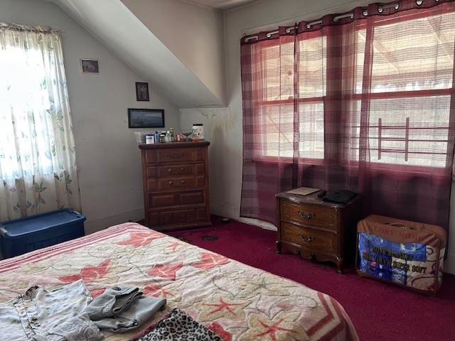 bedroom with carpet floors and vaulted ceiling