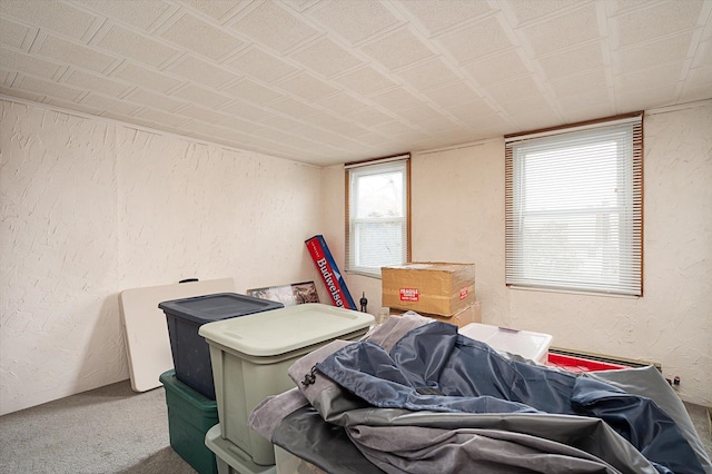 carpeted bedroom featuring a textured wall