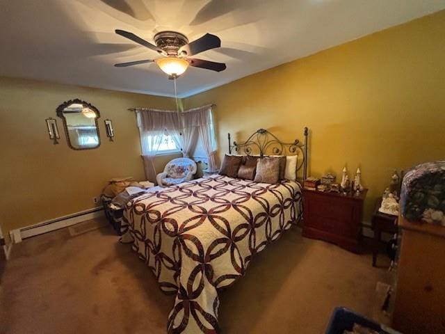 bedroom featuring baseboard heating, carpet, and a ceiling fan