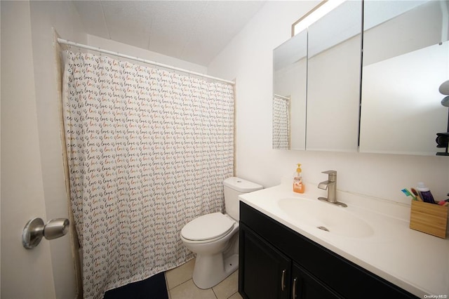 full bath with toilet, tile patterned flooring, a shower with shower curtain, and vanity