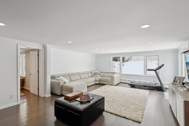 living area with a baseboard heating unit, wood finished floors, recessed lighting, crown molding, and baseboards