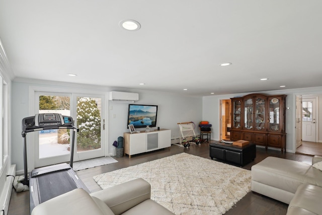 living area with a wall mounted AC, crown molding, and wood finished floors