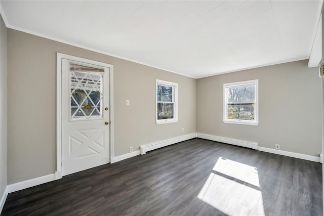 entryway with a baseboard heating unit, crown molding, baseboards, and dark wood-type flooring