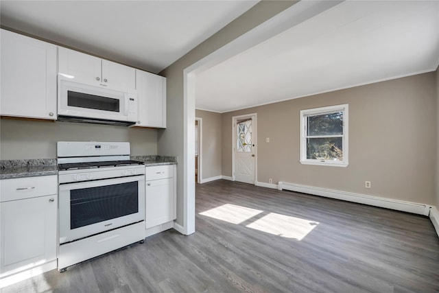 kitchen featuring stone counters, a baseboard radiator, white cabinets, white appliances, and baseboards