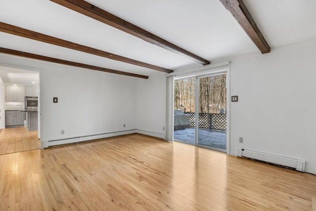 unfurnished living room featuring light wood finished floors, a baseboard radiator, and beamed ceiling