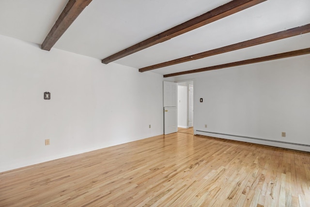 spare room featuring light wood-type flooring, a baseboard radiator, and beam ceiling