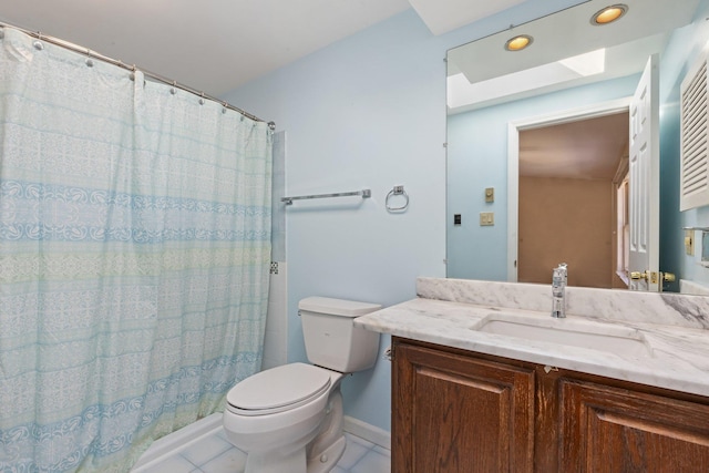 full bath featuring toilet, tile patterned flooring, a shower with shower curtain, and vanity