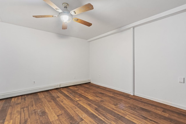 unfurnished room with hardwood / wood-style floors, a baseboard radiator, and a ceiling fan