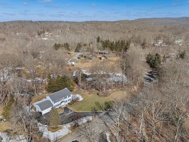 bird's eye view with a wooded view