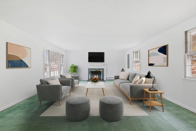 living area with carpet, a baseboard radiator, and plenty of natural light