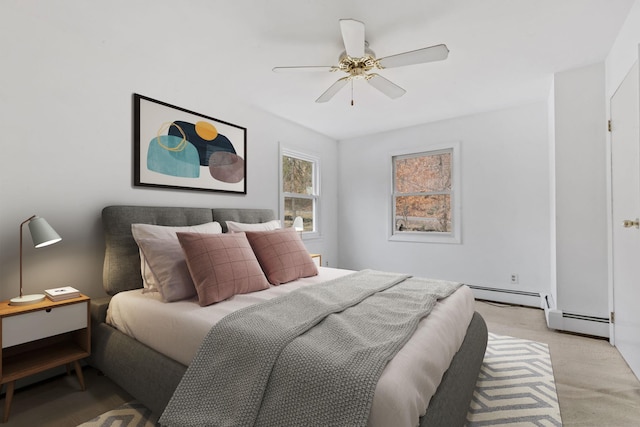 bedroom with a baseboard radiator and a ceiling fan