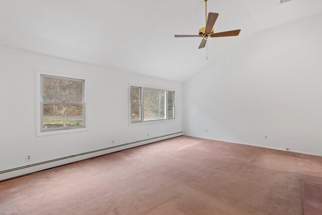 unfurnished room featuring carpet floors, lofted ceiling, baseboard heating, a ceiling fan, and baseboards