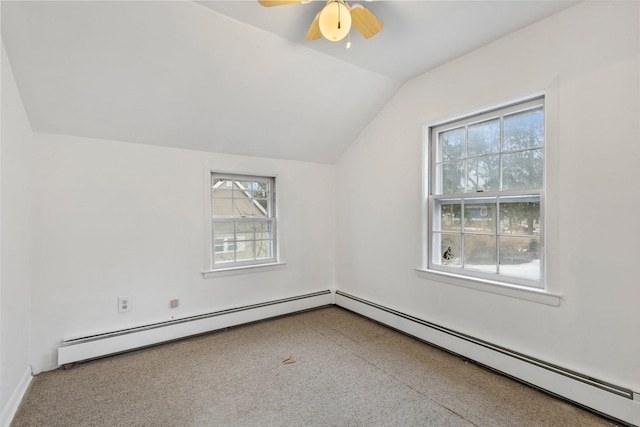 bonus room with a baseboard radiator, vaulted ceiling, and ceiling fan