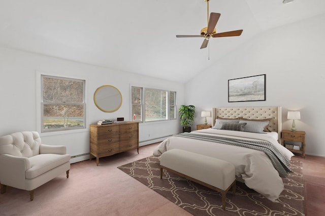 carpeted bedroom with a baseboard heating unit, ceiling fan, vaulted ceiling, and a baseboard radiator