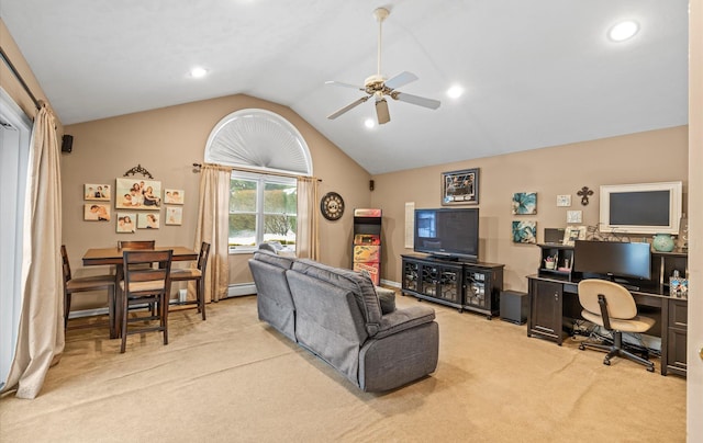 living room featuring recessed lighting, a ceiling fan, vaulted ceiling, baseboard heating, and carpet