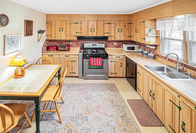 kitchen with white microwave, a sink, ventilation hood, dishwasher, and gas range