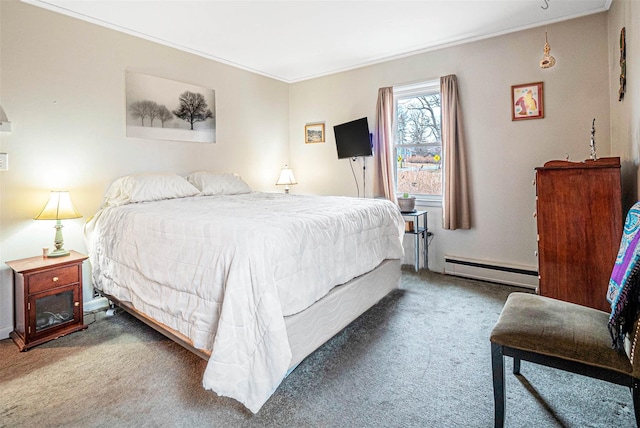 carpeted bedroom with a baseboard heating unit and ornamental molding