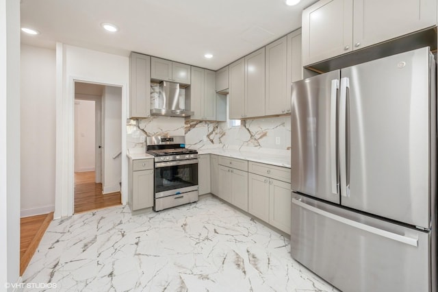 kitchen with stainless steel appliances, light countertops, wall chimney range hood, and gray cabinetry