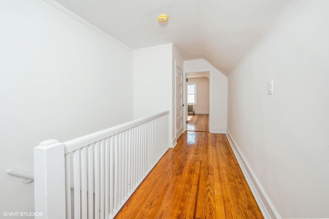 hall with crown molding, wood-type flooring, and baseboards