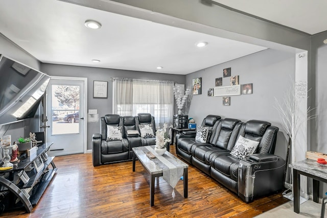 living room featuring baseboards, wood finished floors, and recessed lighting