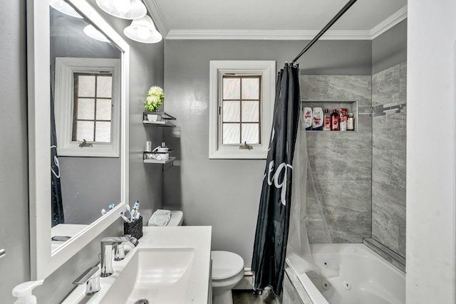 bathroom with toilet, vanity, crown molding, and a combined bath / shower with jetted tub