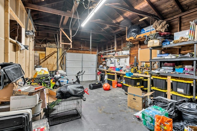 garage with a workshop area