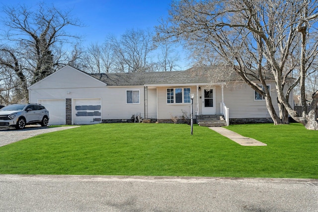 ranch-style home featuring a garage, driveway, a shingled roof, and a front lawn