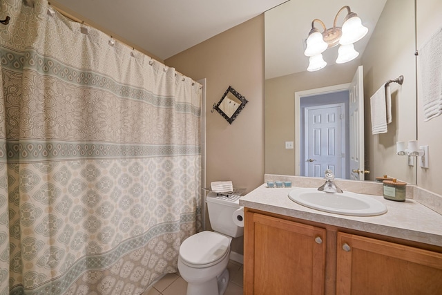 full bath with curtained shower, vanity, toilet, and tile patterned floors