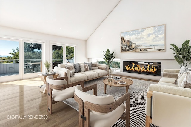 29 Kenwood Rd, Southampton, NY 11968 - living room featuring high vaulted ceiling, wood finished floors, and a glass covered fireplace