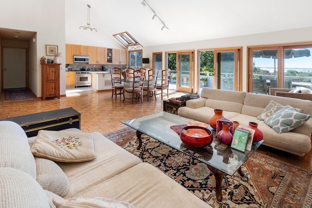 29 Kenwood Rd, Southampton, NY 11968 - living room with track lighting, high vaulted ceiling, and a wealth of natural light