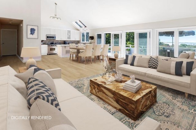29 Kenwood Rd, Southampton, NY 11968 - living area with light wood-style flooring and high vaulted ceiling