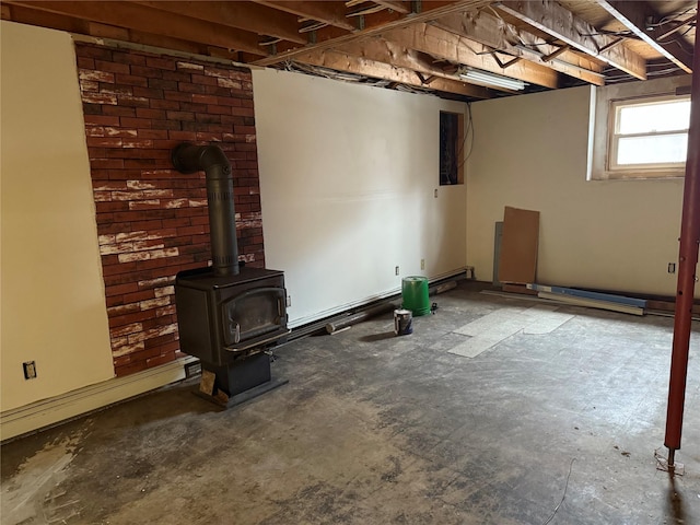 basement with a wood stove