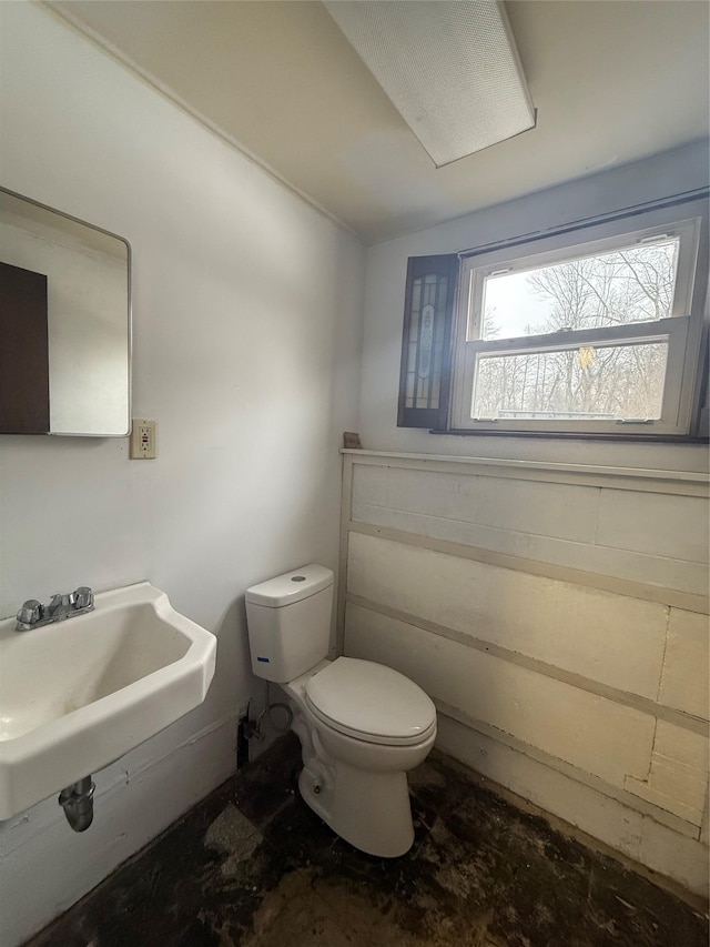 bathroom with lofted ceiling, a sink, and toilet