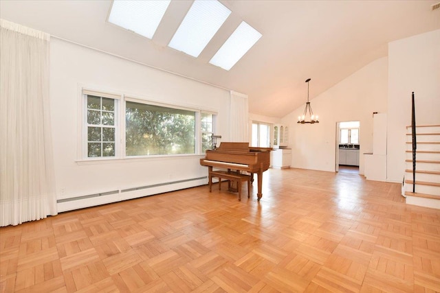 living area featuring high vaulted ceiling, stairway, a baseboard heating unit, and a wealth of natural light