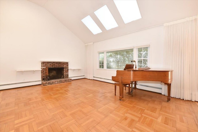 office space featuring a baseboard heating unit, a fireplace, high vaulted ceiling, and a skylight