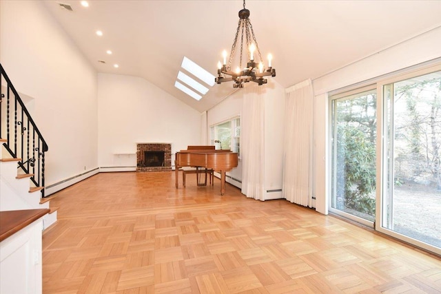 interior space with visible vents, stairs, a fireplace, high vaulted ceiling, and recessed lighting