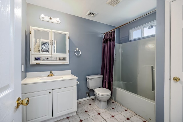 bathroom featuring toilet, visible vents, shower / bath combination with curtain, and vanity