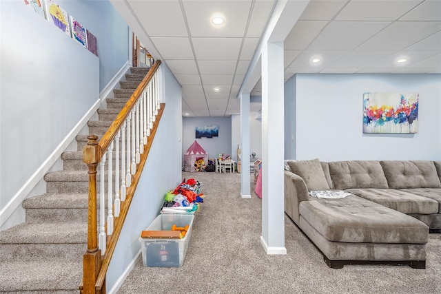 playroom with recessed lighting, carpet flooring, a drop ceiling, and baseboards