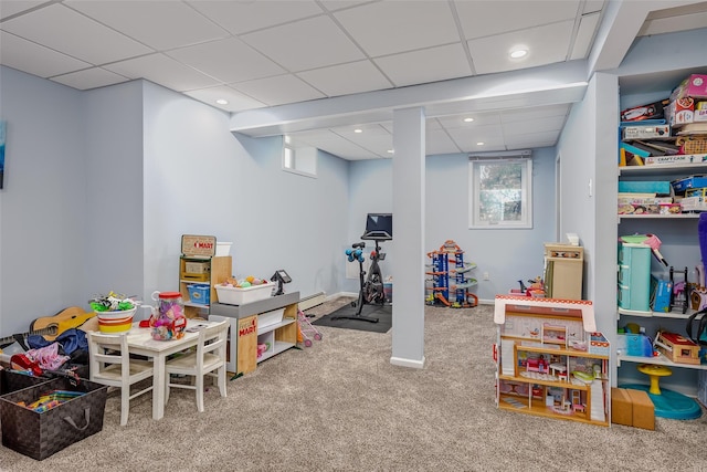 game room with carpet floors, recessed lighting, a paneled ceiling, and baseboards