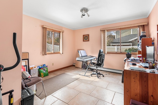 home office with ornamental molding, a wealth of natural light, baseboards, and a baseboard radiator