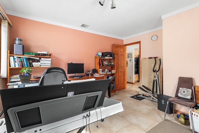 office space with light tile patterned floors, visible vents, and ornamental molding