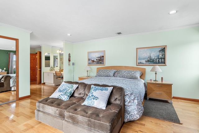 bedroom with baseboards, visible vents, wood finished floors, and ornamental molding